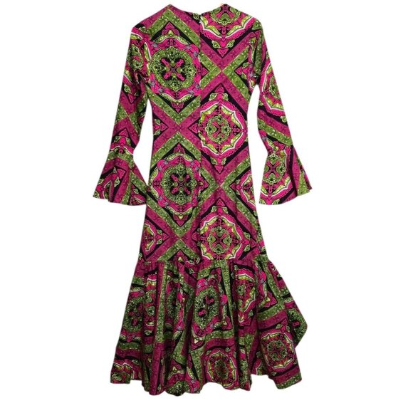OFUURE Womens Large Pink Green African Print Colorful Maxi Dress Bell Sleeve - Picture 2 of 7